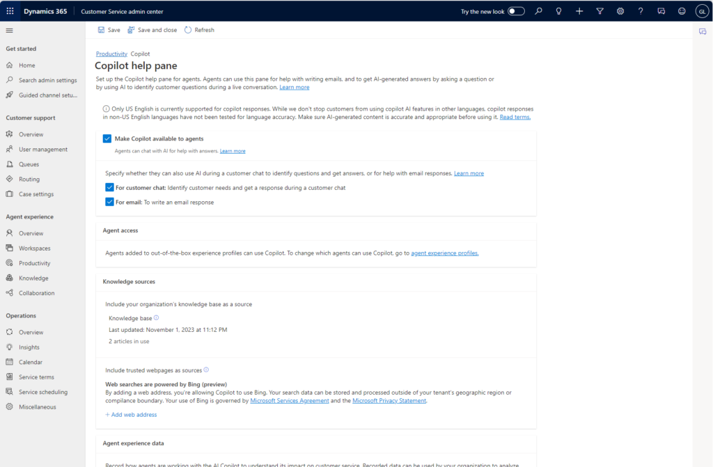 Copilot Help Pane Settings in Customer Service Admin Center