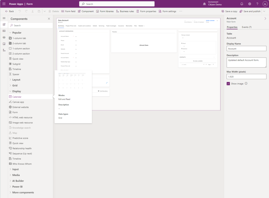 Calendar control in maker portal